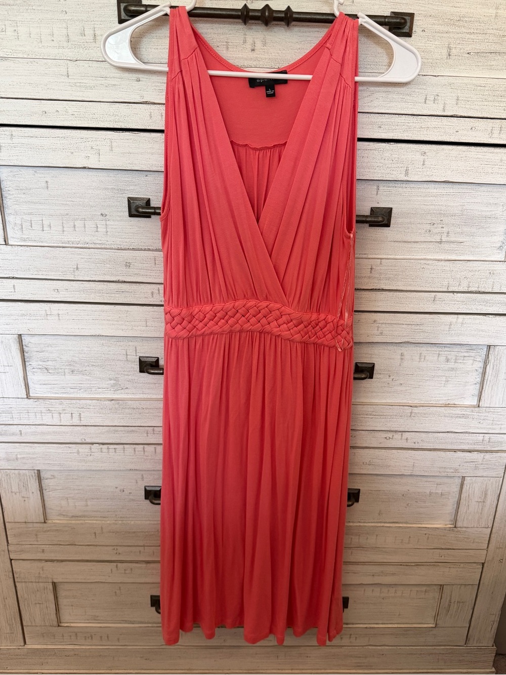 Sleeveless Coral Pink Faux-Wrap Dress with Braided Waist